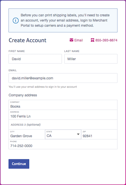 Create Account page pre-populated with merchant information